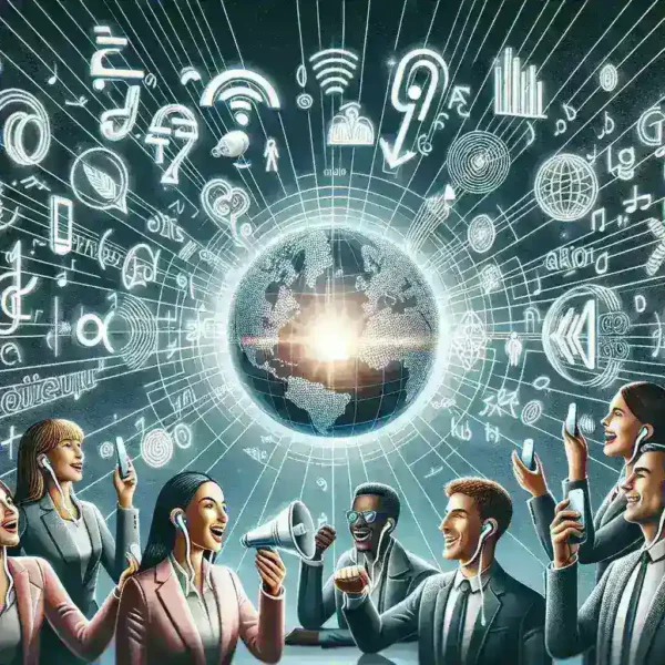 "Imagen de una persona utilizando audífonos inteligentes para traducción simultánea durante una conferencia, simbolizando la eliminación de barreras idiomáticas."