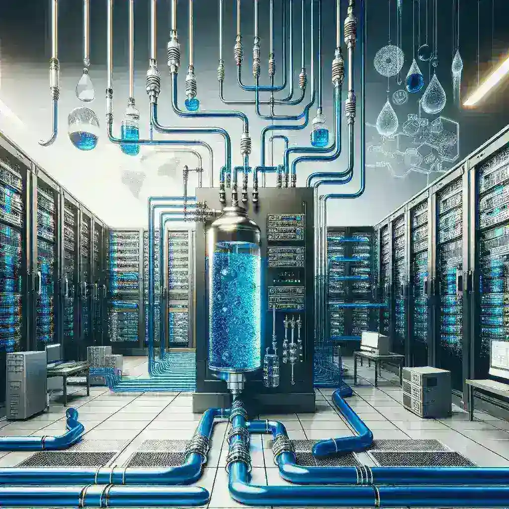 "Refrigeración líquida directa en centros de datos, ilustrando el sistema de enfriamiento eficiente que reduce el consumo energético y mejora el rendimiento de servidores."