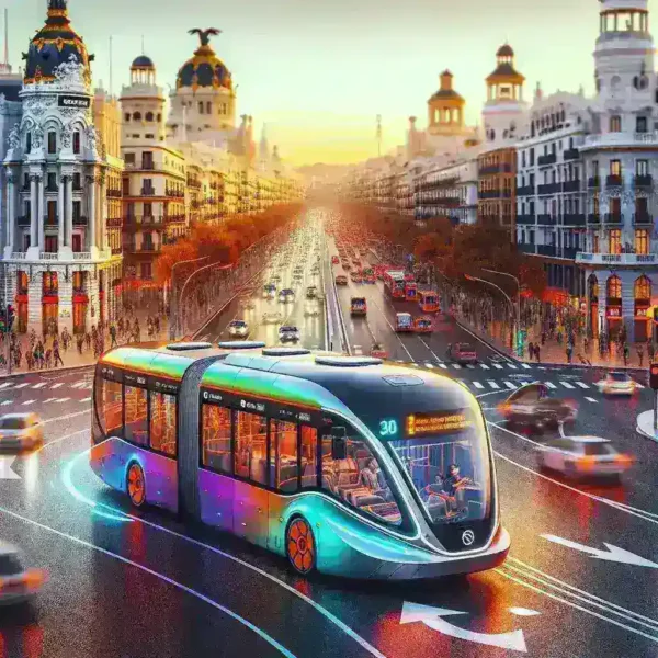 "Autobuses eléctricos de carga inalámbrica circulando por las calles de ciudades españolas, ilustrando la transición hacia el transporte sostenible y la innovación en movilidad urbana."