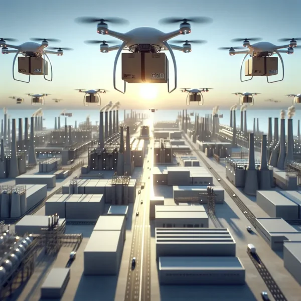 Alt text: "Drones de reparto de Amazon España sobrevolando un polígono industrial, destacados en el anuncio del nuevo servicio de entrega aérea eficiente."