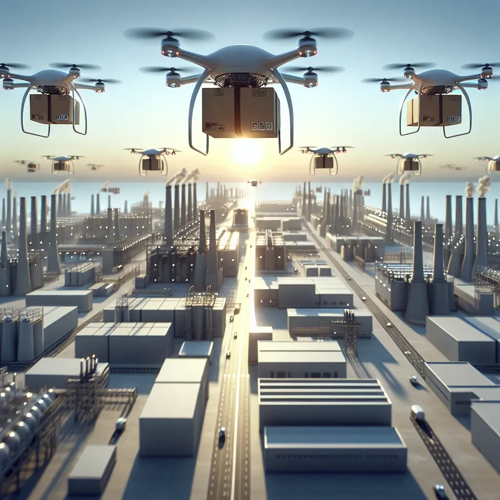 Alt text: "Drones de reparto de Amazon España sobrevolando un polígono industrial, destacados en el anuncio del nuevo servicio de entrega aérea eficiente."