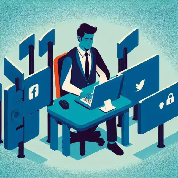 "Imagen ilustrativa de una persona usando un ordenador portátil, rodeada de íconos de redes sociales, simbolizando estrategias para evitar la censura de contenido en redes sociales."