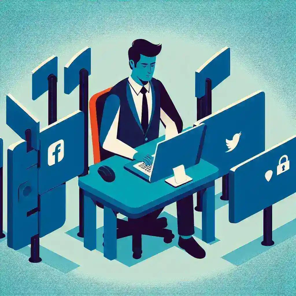 "Imagen ilustrativa de una persona usando un ordenador portátil, rodeada de íconos de redes sociales, simbolizando estrategias para evitar la censura de contenido en redes sociales."