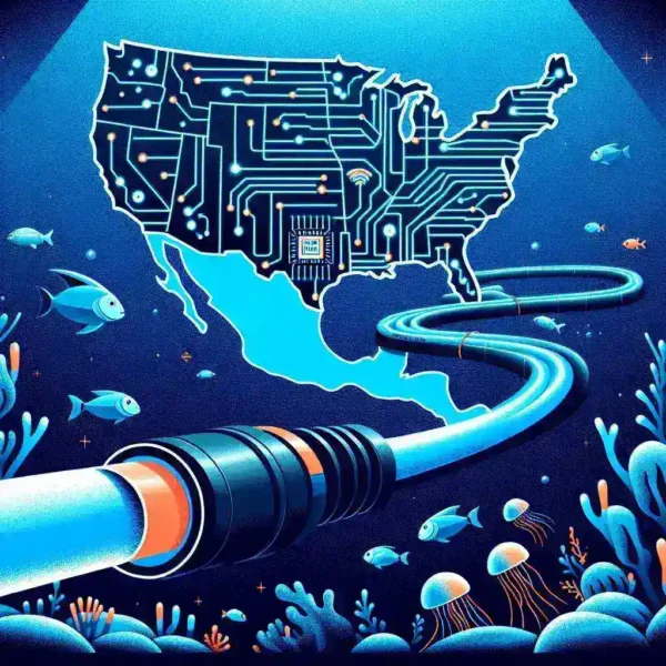 "Imagen del cable submarino Sol, que conecta EE. UU. y España, impulsando la transferencia de datos para tecnologías de inteligencia artificial."